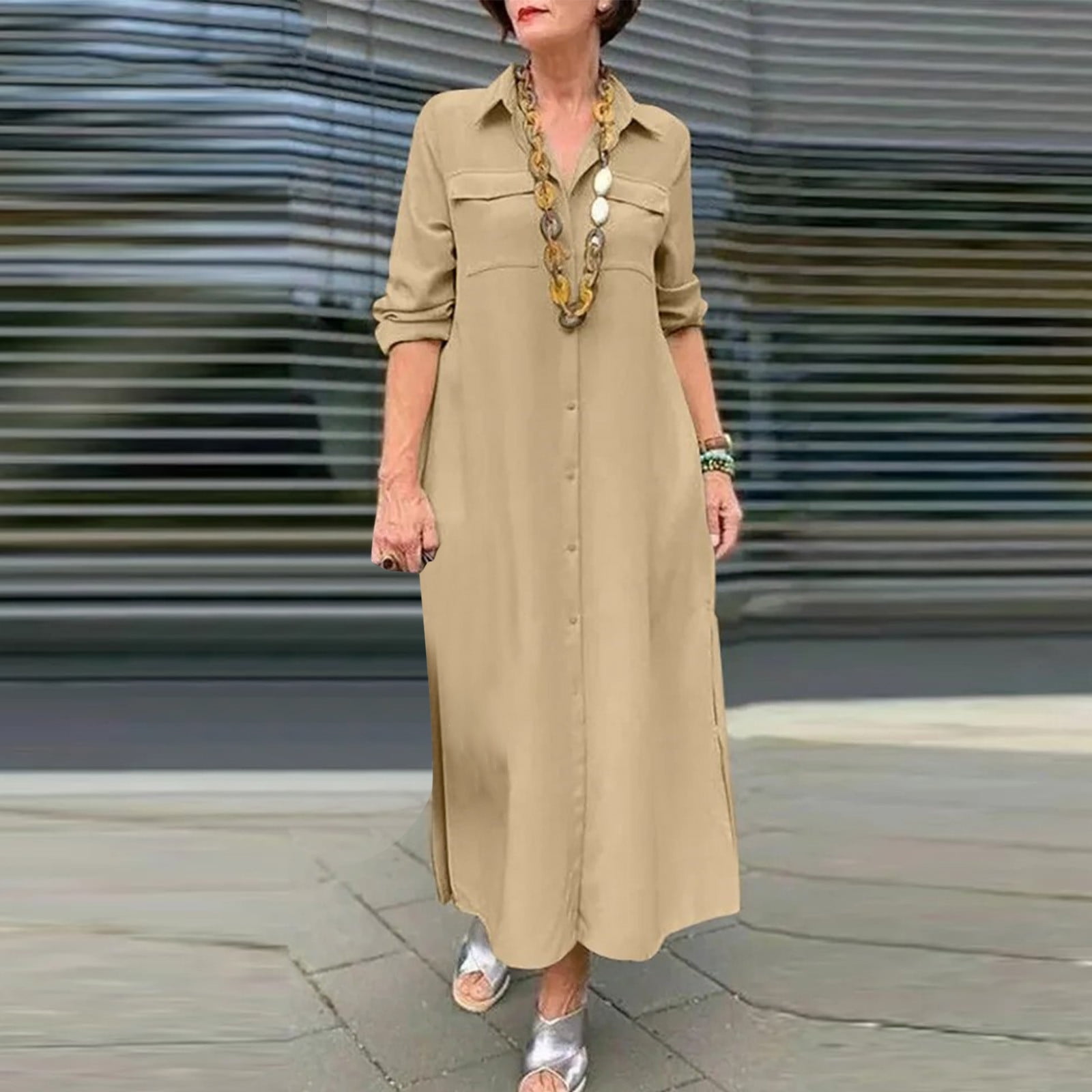 EQWLJWE Women's V Neck Button Down Dress Loose Maxi Dresses Casual Long