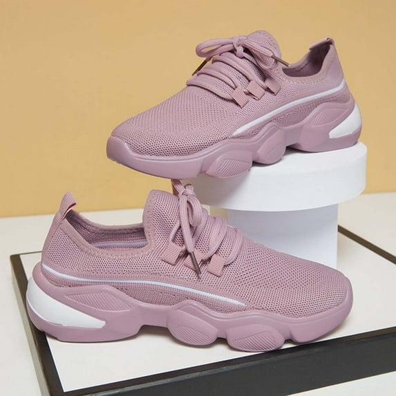 EQWLJWE Women's Walking Shoes, Lightweight Breathable Knitted Non-Slip Sock Shoe, Slip On Lace Up Sneakers for Women Work Workout Gym Travel