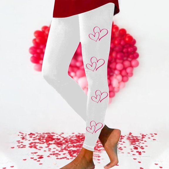 EQWLJWE Women's Yoga Pants Workout Joggers Casual Valentine's Day Heart Print Full Length High Waist Leggings for Running Exercise Gym White(S-3Xl)
