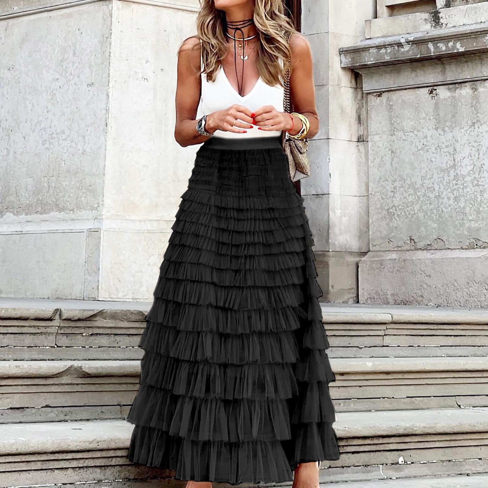 EQWLJWE Womens Layered Pleated Maxi Skirt Elastic High Waist Multilayer Ruffles Tutu Tulle Skirt A Line Long Tiered Fairy Skirt for Party Gift Black XL Walmart
