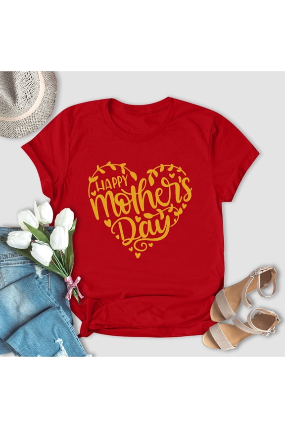 Womens Letter Shirts Heart Happy Mother's day Tops 2023 New Mom T-Shirt