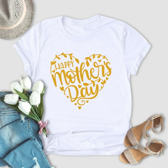 EQWLJWE Womens Letter Shirts Heart Happy Mother's day Tops 2023 New Mom T-Shirt