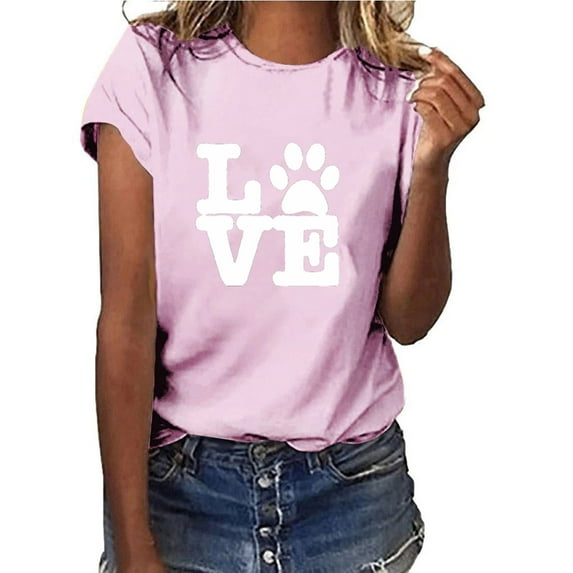 EQWLJWE Womens Love Paw Short Sleeve T-Shirt Dog Mom Funny Tees Letters Print O-Neck Casual Summer Tops Shirt