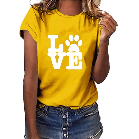EQWLJWE Womens Love Paw Short Sleeve T-Shirt Dog Mom Funny Tees Letters Print O-Neck Casual Summer Tops Shirt