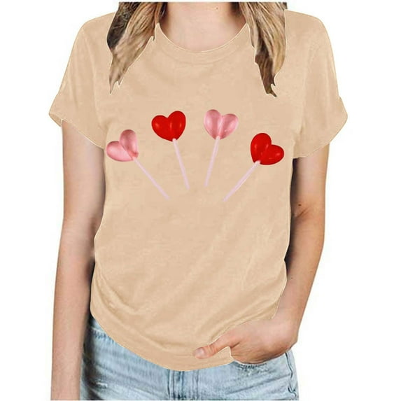 EQWLJWE Womens Love Shirts Valentine's Day Shirt Love Letter Heart Graphic Short Sleeve Crewneck Tshirt Valentine Gift Tee Tops Gifts for Your Mother Beige(S-3XL)