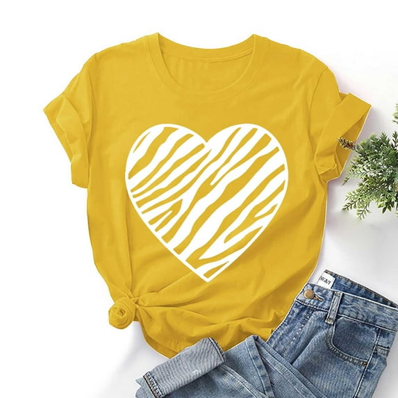 EQWLJWE Womens Lover Heart Graphic Round Neck Shirt Valentines Day Fun Couple Matching Casual Solid Color Short Sleeve Gift Tee Tops Yellow(S-3Xl)