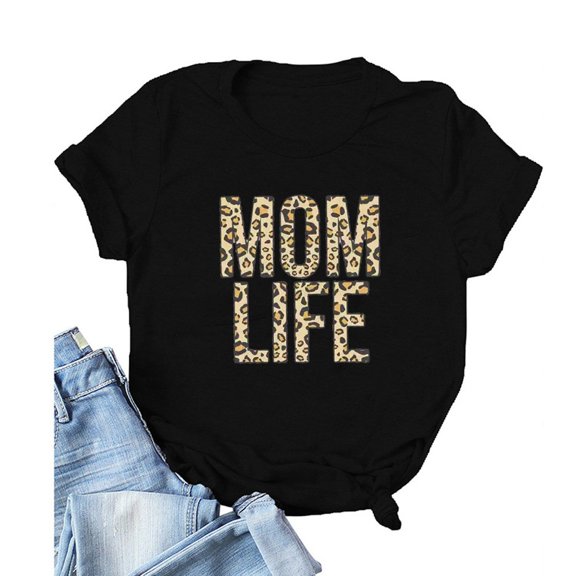 EQWLJWE Womens Mother's Day T-Shirt Leopard Mom Life Funny Short Sleeve Graphic Tee Tops