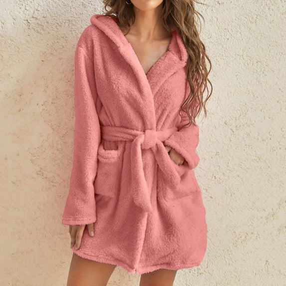 EQWLJWE Womens Plush Robe Fleece Long Warm Bathrobe Hooded/Shawl Collar with Two Large Front Pockets