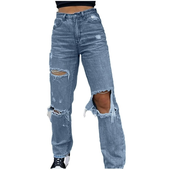 EQWLJWE Womens Ripped Straight Leg Jeans High Waist Solid Color Distressed Cutout Fashion Denim Pants Gifts for Mom Blue XL