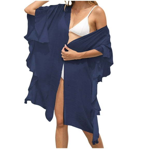 EQWLJWE Womens Ruffles Kimono Cardigans,Solid Color Lightweight Beach Cover Ups Loose Open Front Swimwear Cover Ups Gift Navy Free Size