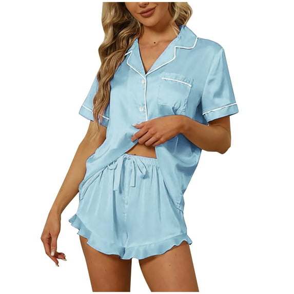 EQWLJWE Womens Satin Pajamas Set Short Sleeve Button Shirt Sleepwear With Shorts Two Piece Loungewear Set Gift for Wife Light Blue S