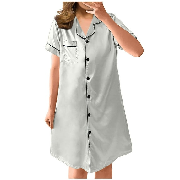 EQWLJWE Womens Satin Sleep Shirt Long Sleeve Sleepwear Solid Color Nightshirt Button Down Pajama Top Gift for Wife White XXL