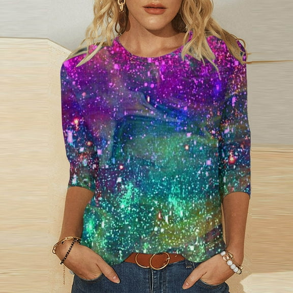 EQWLJWE Womens Sequin Tops Casual Multicolor 3/4 Sleeve Glitter Sparkly Loose Fit Blouse Round Neck Dressy Shirts for Evening Party Club Music Festival(S-5Xl)