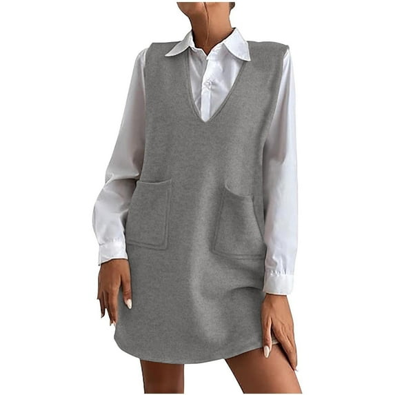 EQWLJWE Womens Sleeveless Short Sweater Dress V Neck Solid Color Knit Straight Loose Dresses with Pocket