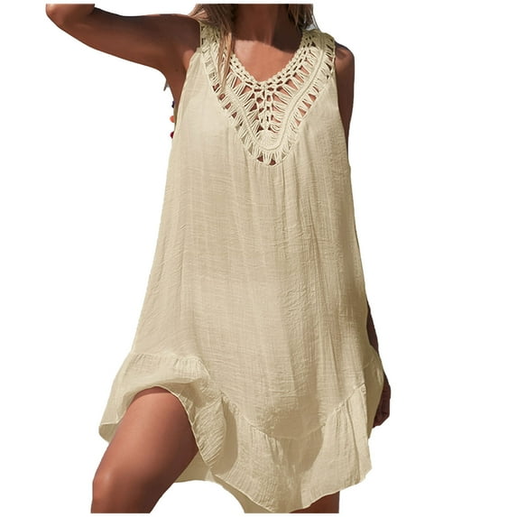 EQWLJWE Womens Summer Hollow Out Tank Dresses Sleeveless A-Line Cover Ups Sundress Beach Backless Vacation Mini Dress Gift Beige Free Size