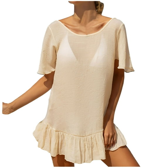 EQWLJWE Womens Summer Hollow Out Tank Dresses Sleeveless A-Line Cover Ups Sundress Beach Backless Vacation Mini Dress Gift Beige Free Size