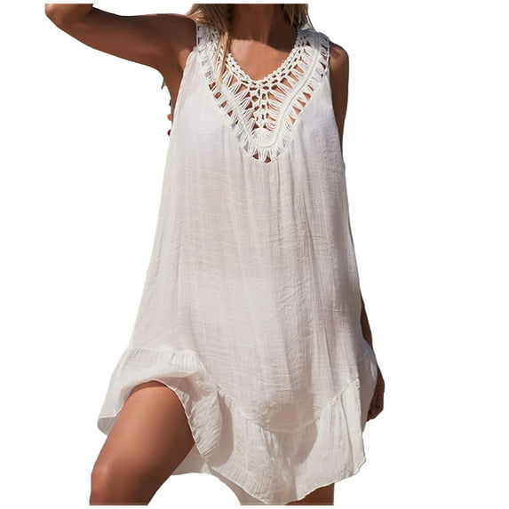 EQWLJWE Womens Summer Hollow Out Tank Dresses Sleeveless A-Line Cover Ups Sundress Beach Backless Vacation Mini Dress Gift White Free Size