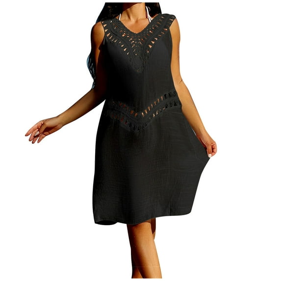 EQWLJWE Womens Summer Hollow Out Tank Dresses Sleeveless A-Line Cover Ups Sundress Beach Vacation Dress Gift Black Free Size