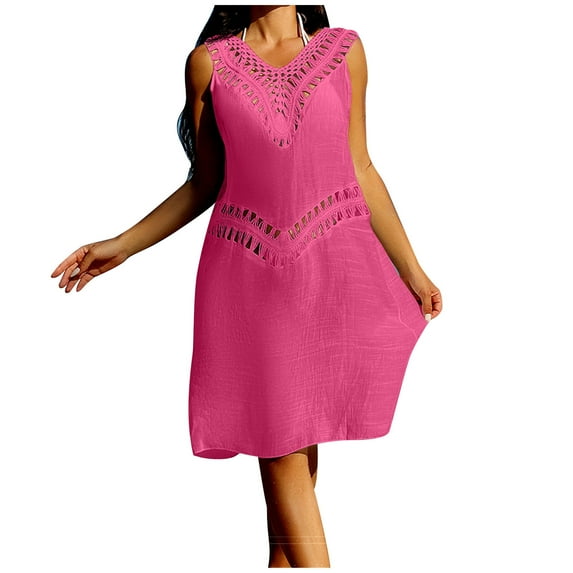 EQWLJWE Womens Summer Hollow Out Tank Dresses Sleeveless A-Line Cover Ups Sundress Beach Vacation Dress Gift Hot Pink Free Size