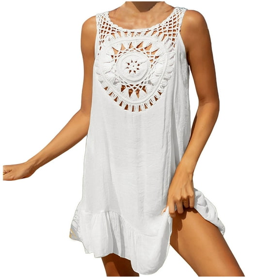 EQWLJWE Womens Summer Hollow Out Tank Dresses Sleeveless A-Line Cover Ups Sundress Beach Vacation Dress Gift White Free Size