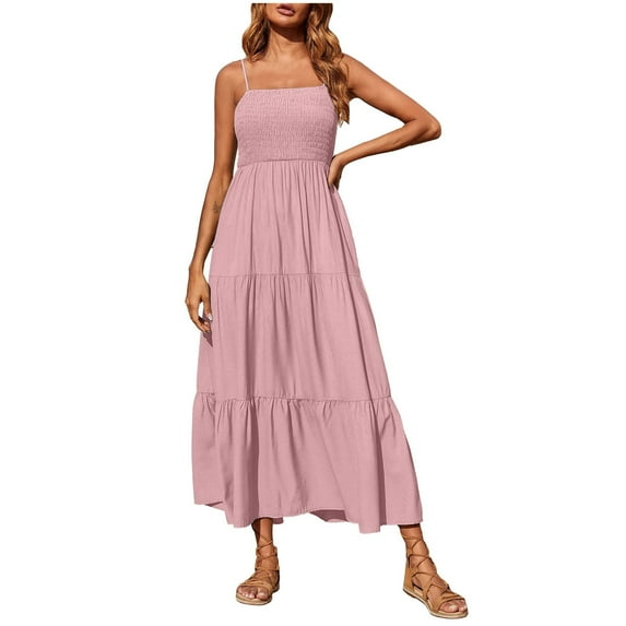 EQWLJWE Womens Summer Maxi Dress,Sleeveless Spaghetti Strap Solid Color Elastic Waist A-Line Long Beach Sun Dresses Gift Pink XXXXXL