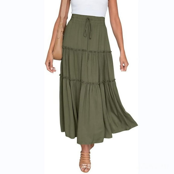 EQWLJWE Womens Summer Maxi Skirt,Solid Color Elastic High Waist Drawstring Ruffle A-Line Pleated Skirt for Beach Vacation Gift Army Green L