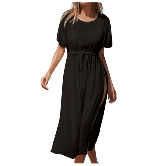 EQWLJWE Womens Sun Protection Cover Up Maxi Dress,Solid Color Loose Fit Waistband Adjustable Split A-Line Dress Gift Black Free Size