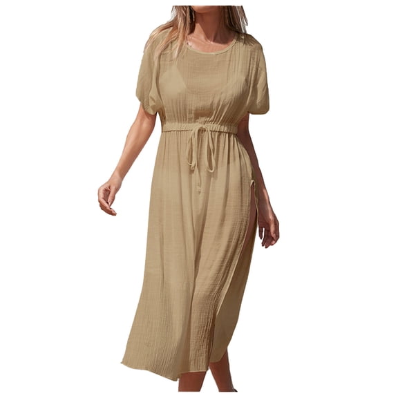 EQWLJWE Womens Sun Protection Cover Up Maxi Dress,Solid Color Loose Fit Waistband Adjustable Split A-Line Dress Gift Khaki Free Size