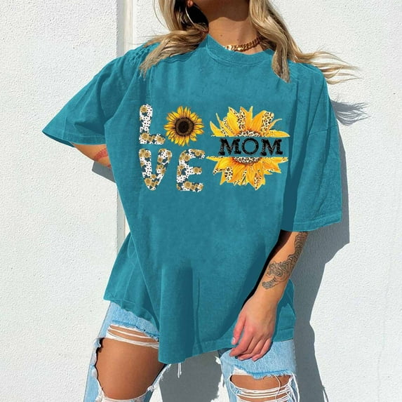 EQWLJWE Womens Sunflower Love Shirt Vintage Hippie Flower Nurse Mom Gift Round Neck T-Shirt