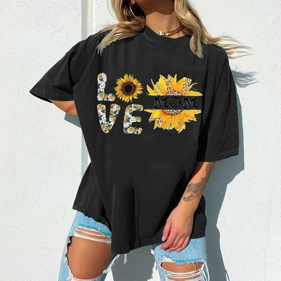 EQWLJWE Womens Sunflower Love Shirt Vintage Hippie Flower Nurse Mom Gift Round Neck T-Shirt