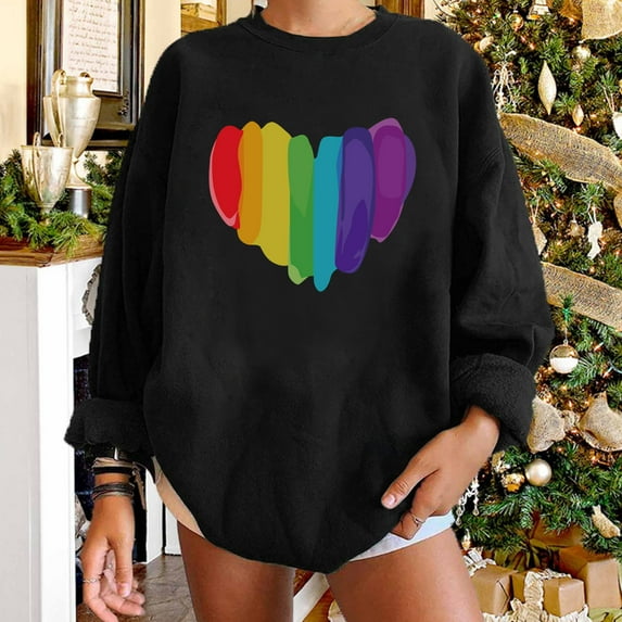 EQWLJWE Womens Sweatshirts with Colorful Heart Graphic Print Long Sleeve Crew Neck Rainbow Pullover Valentines Day Shirts Lightweight