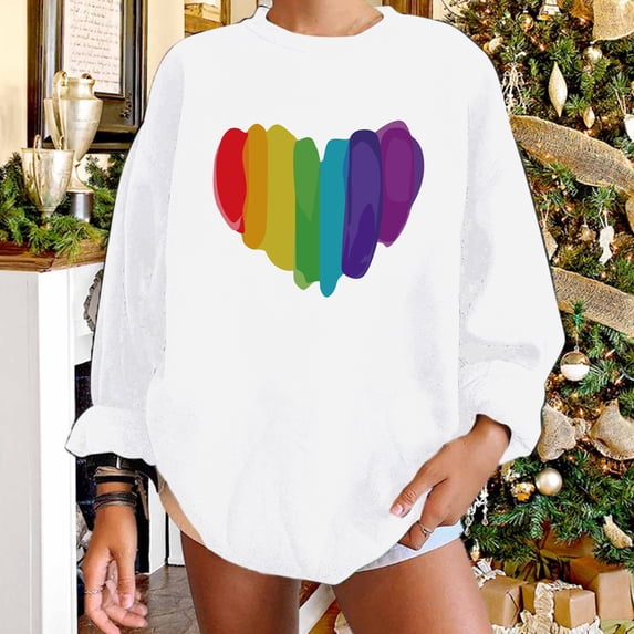 EQWLJWE Womens Sweatshirts with Colorful Heart Graphic Print Long Sleeve Crew Neck Rainbow Pullover Valentines Day Shirts Lightweight