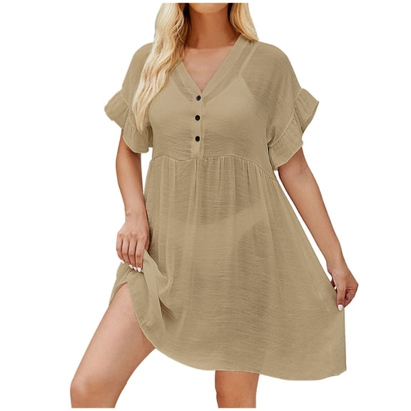 EQWLJWE Womens Swimsuit Cover Ups Dress,Bikini Beach Swimwear Cover Up A-line Short Sleeve See Through Dress for Vacation Gift Khaki Free Size