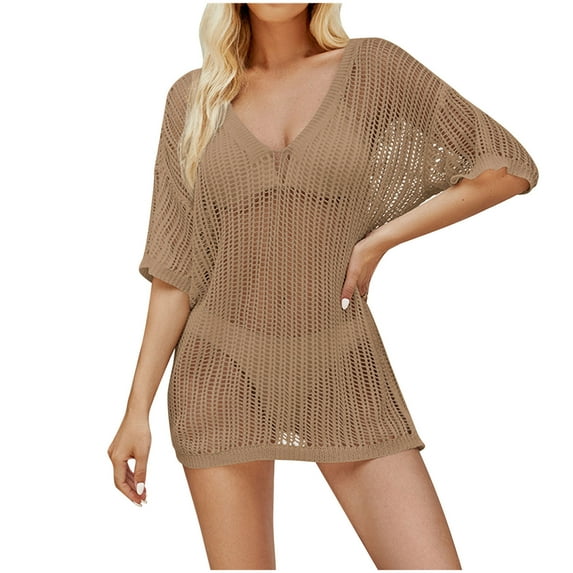 EQWLJWE Womens Swimsuit Short Sleeve Crochet Cover Up Dress Solid Color Hollow Out Knit Beach Dress Gift Khaki Free Size