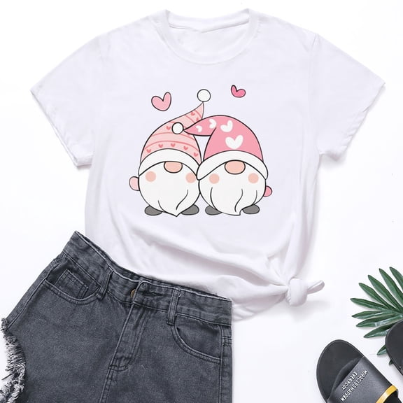 EQWLJWE Womens Valentine's Day T-Shirts, Cute Gnome Print Casual Crewneck Tops, Short Sleeve Fashion Loose Fit Couples Tee