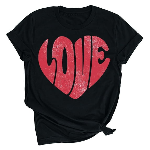 EQWLJWE Womens Valentines Day Shirts Print Graphic Tees Cute Solid Color Love Heart Casual Short Sleeve Crewneck Pullover Shirts Gift for Yourself Black(S-3Xl)