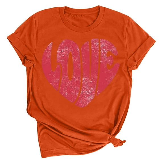EQWLJWE Womens Valentines Day Shirts Print Graphic Tees Cute Solid Color Love Heart Casual Short Sleeve Crewneck Pullover Shirts Gift for Yourself Orange(S-3Xl)