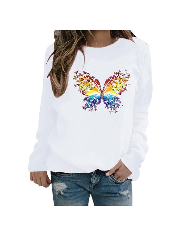 EQWLJWE Womens Winter Winter Womens Casual Tops Ladies Butterfly Print Sweatshirt Blouse Tee Sweater Womens Sweatshirts & Hoodies