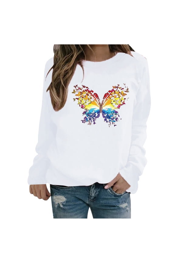 EQWLJWE Womens Winter Winter Womens Casual Tops Ladies Butterfly Print Sweatshirt Blouse Tee Sweater Womens Sweatshirts & Hoodies