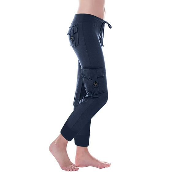 EQWLJWE Womens Yoga Capris Pants High Waisted Cargo Workout Pants Solid Color Stretch Leggings Pants Casual Drawstring Sweatpants with Multi Pockets Loungewear Navy(XS-4Xl)
