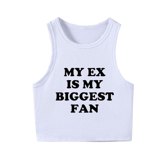 EQWLJWE Womes Sleeveless Crop Tank Top Letter Print Slim Fit Scoop Neck Ribbed Knit Basic Crop Tops for Cool Girls Street Dance White S