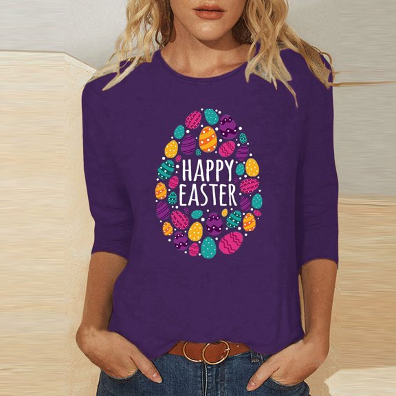 EQWLJWE Workout Tops for Women Happy Easter T-Shirt 3/4 Sleeve Blouse Cute Easter Eggs Graphic Letter Print Tees Crew Neck Casual Shirts Outwear(Purple,L)