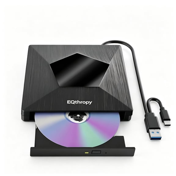 EQthropy External DVD CD Drive Burner, USB3.0 & Type-C Dual Port Portable Optical Disc Reader Writer, Plug and Play Disc Drive for Windows MacOS Laptop Desktop