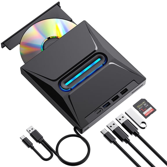 EQthropy External USB 3.0 DVD CD RW Drive Burner, Multifunctional Portable Optical Disc Reader Writer with USB-A/Type-C Hub & SD TF Card Slots, 8X High Speed Plug & Play Laptop Desktop Disc Drive