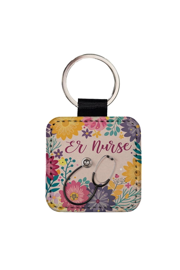 ER Emergency Room Nurse Appreciation Stethoscope Flowers Faux Leather Square Keychain