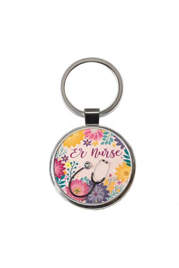 ER Emergency Room Nurse Appreciation Stethoscope Flowers Metal Round Keychain