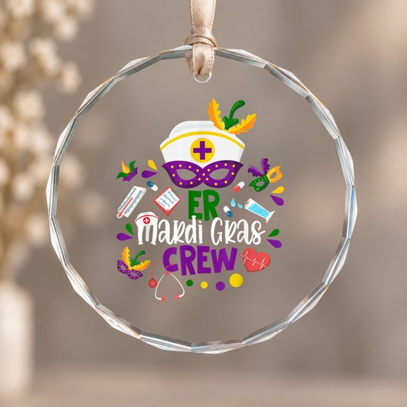 ER Mardi Gras Nurse Crew Mardi Gras Party Emergency Nurses Ornament, Room Decor, Circle Glass Ornament