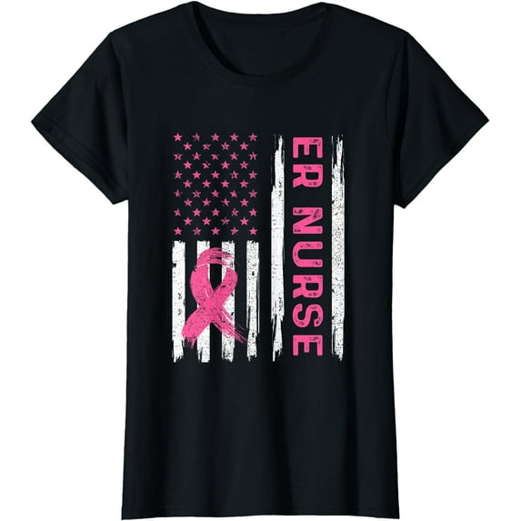 ER Nurse American Flag Nurse Breast Cancer Awareness T-Shirt