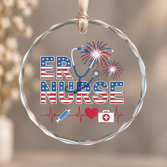 ER Nurse American Flag Theme Ornament, Party Decor, Circle Glass Ornament