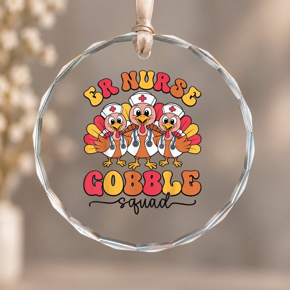 ER Nurse Squad ER Nurse Thanksgiving Turkey Theme Ornament, Desk Decor, Circle Glass Ornament